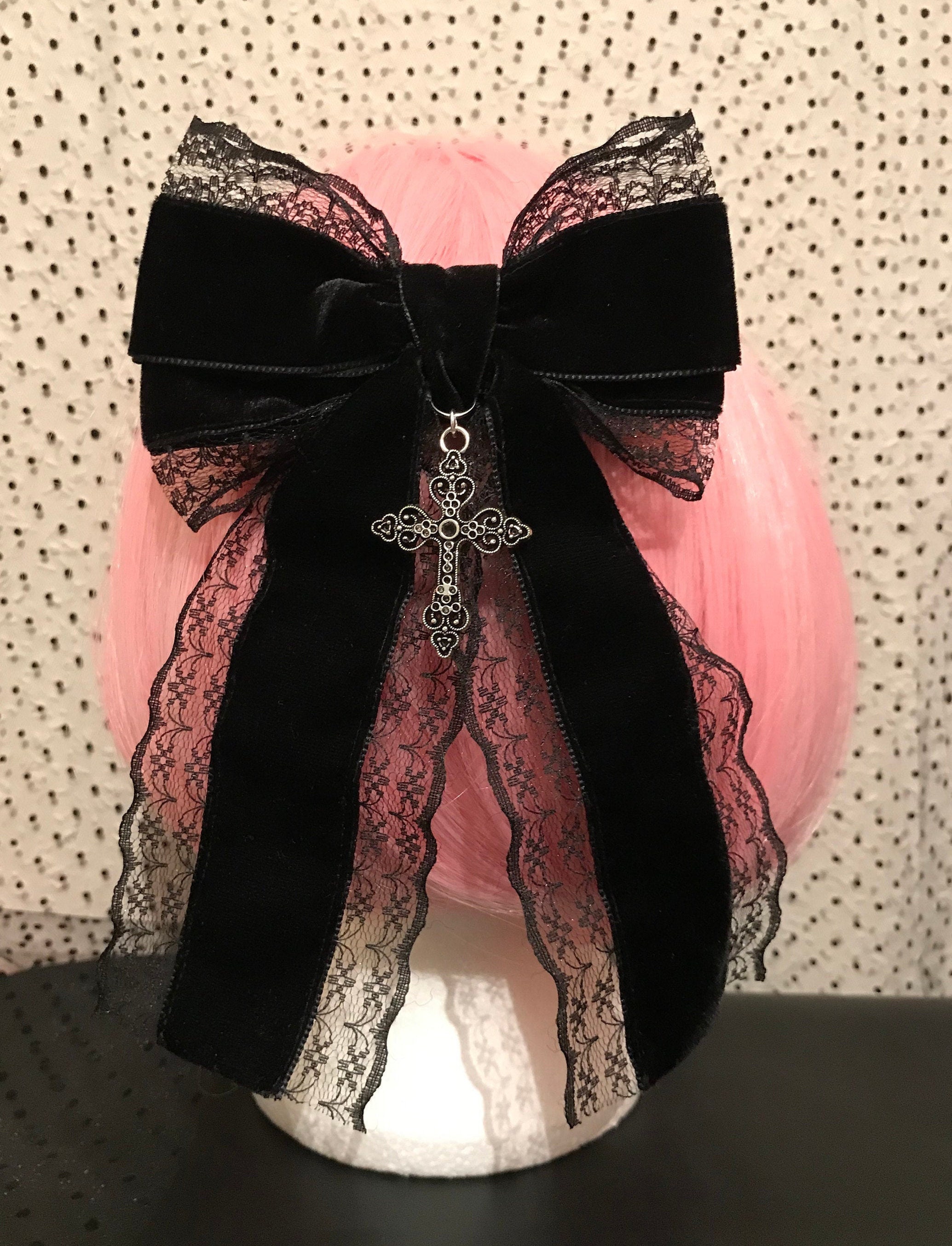 Black Gothic Lolita Lace Velvet Bow Hair Clip Cross Tie Black Gothic Lolita Lace Velvet Bow Hair Clip Cross Tie