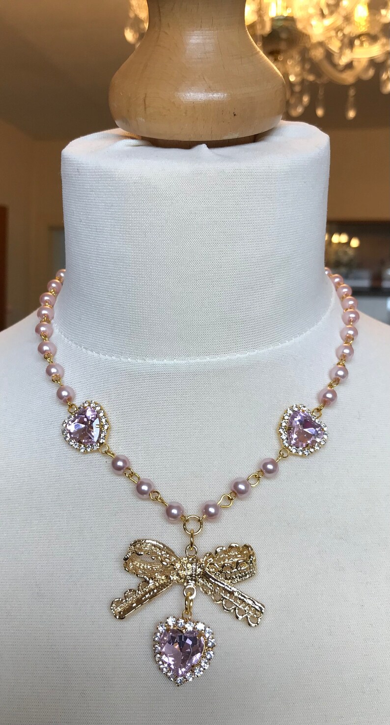 Pink Heart Rosary Pearl Choker Necklace Bead Chain Bow Gold Renaissance ...