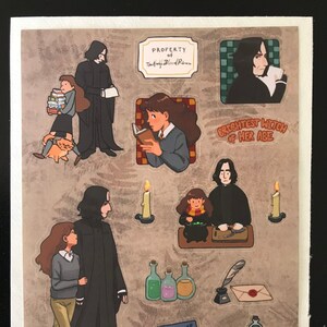 May include: A sheet of stickers featuring illustrations of characters and objects from a fantasy book series. The stickers include images of a professor, a student, potions, books, and the text "Property of Half-Blood Prince" and "Brightest Witch of Her Age."
