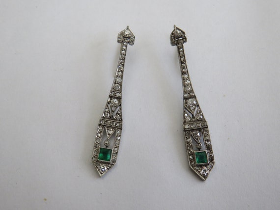 Art Deco PLATINUM DIAMOND emerald drop earrings