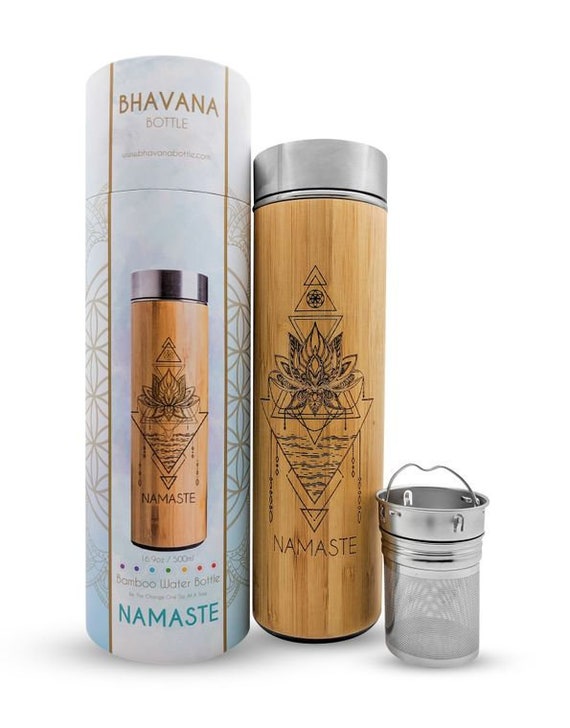 NAMASTE 16.9oz Insulated Bamboo Water Bottle / Tea Tumbler 
