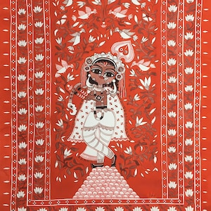 Sri Krishna plays the flute / madhubani painting, not printed, Krishna art, mithila art, indian folk, Original picture
