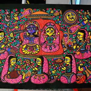 Krishna with the gopis madhubani painting, traditional Indian madhubani painting, Krishna art, mithila art, indian folk, Original picture