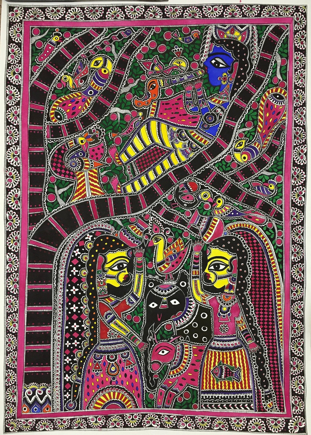 Buy Krishna With the Gopis, Traditional Indian Madhubani Painting ...