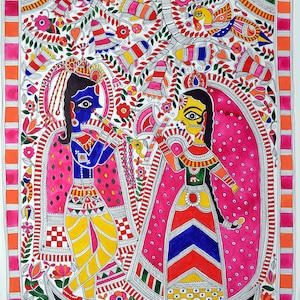 Sri Sri Radha Krishna madhubani painting, traditional Indian madhubani painting, Krishna art, mithila art, Original picture
