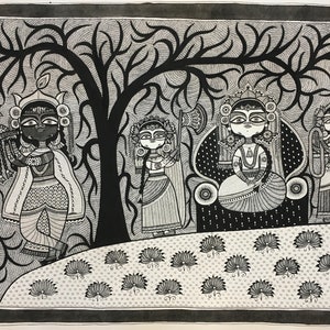 SALE! Meeting at Radha-Kunda Shri Krishna Shri Radha with Her  companions. madhubani painting, Krishna art, mithila art, Original picture