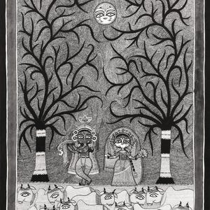 Radha Krishna with a cows, Original picture, painting, traditional Indian madhubani painting, mithila art,indian folk
