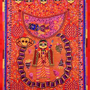 Vasudeva brings baby Krishna to Vrindavan / madhubani painting, not printed, Krishna art, mithila art, indian folk, Original picture