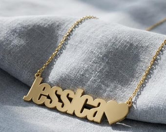 Custom Name Necklace with Heart for Women, Personalized Script Nameplate Jewelry, Romantic Birthday Anniversary Gift for Her Wife Girlfriend