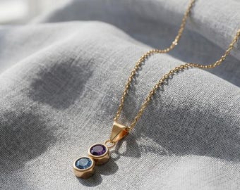 Custom Birthstone Necklace for Women, Personalized Two Stone Pendant, Mom Children Birthday Gift, Anniversary Family Jewelry for Her