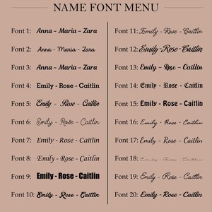 Peut inclure: Un tableau pr&eacute;sentant 20 styles de police diff&eacute;rents pour les noms. Le tableau est divis&eacute; en deux colonnes, avec les styles de police num&eacute;rot&eacute;s de 1 &agrave; 20. Les styles de police sont affich&eacute;s avec les noms "Anna - Maria - Zara" et "Emily - Rose - Caitlin".