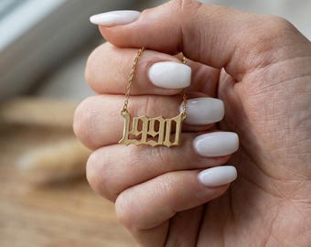 Custom 4 Digit Year Necklace for Women, Personalized Gothic Number Pendant, Birth Year Anniversary Date Jewelry, Trendy Old English Gift