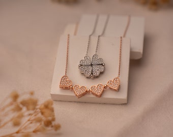 Magnetic Heart Shaped Lucky Clover Pendant Necklace, Four Leaves Clover, Dainty Four Hearts Magnetic Necklace, Magnetic Good Luck Necklace
