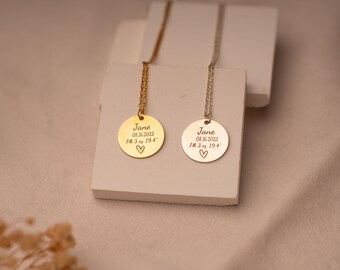 Personalized Engraved Gold Plated Necklace, Custom Disc Necklace, Custom Baby Name Necklace, Jewelry Birthday Gift for Mom, Initial Date