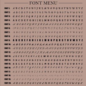 Peut inclure: Une liste de 20 polices diff&eacute;rentes, &eacute;tiquet&eacute;es "FONT 1" &agrave; "FONT 20", avec l'alphabet dans chaque police. Les polices sont toutes &eacute;crites &agrave; la main et varient en style.