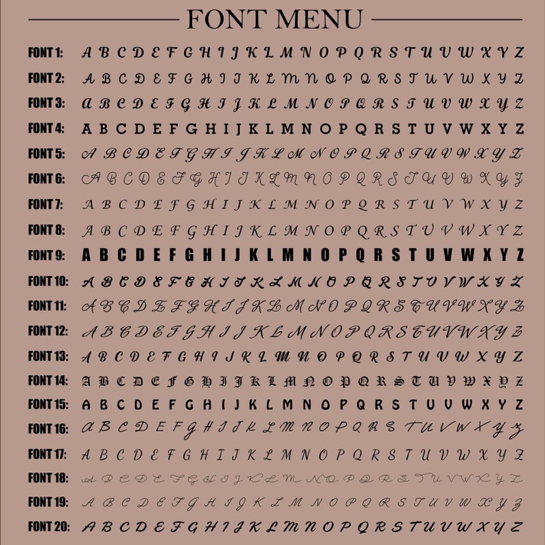 Peut inclure: Une liste de 20 polices diff&eacute;rentes, &eacute;tiquet&eacute;es "FONT 1" &agrave; "FONT 20", avec l'alphabet dans chaque police. Les polices sont toutes &eacute;crites &agrave; la main et varient en style.