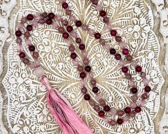 108ct. Strawberry Quartz, Rose Quartz and Red Tiger Eye Meditation Mala with Sari Silk Tassel, Spiritual Prayer Beads, Heart Chakra Mala