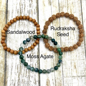 Moss Agate Bracelet with Sandalwood or Rudraksha Seed: Chakra Healing
