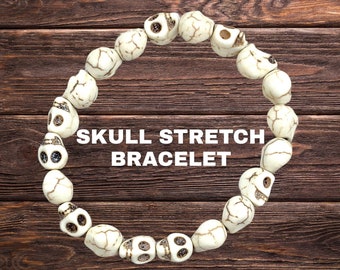 Skull Stretch Bracelet, Howlite Stone Skull Bracelet, Stackable Stretch Bracelet, Chakra Balancing Stone Bracelet, Calming Stone