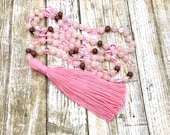 Rose Quartz, Pink Aura Quartz, Rhodonite 108 Handknotted Meditation Mala with Pink Cotton Tassel, Japa Mala, Spiritual Prayer Beads