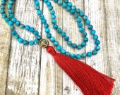 Turquoise 108 Handknotted Meditation Mala with Silk Tassel, Mantra Beads, Spiritual Prayer Beads, Yoga Gift, Mala Necklace