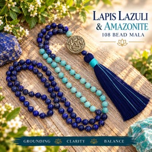 Lapis Lazuli & Amazonite Mala • 108 Bead Meditation Mala • Hand Knotted Prayer Beads • Om Mala Necklace • Japa Mala • Yoga Gift