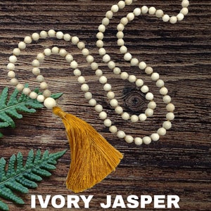 UPLIFTING, Ivory Jasper 108 knotted Meditation Mala with Gold Silk Tassel, Japa Mala, Spiritual Prayer Beads, Meditation Aide, Yoga Gift