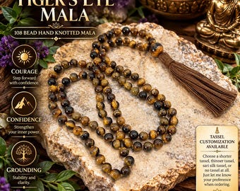 May include: A 108-bead mala necklace crafted from polished tiger's eye gemstones, featuring a brown thread tassel. The text reads: TIGER'S EYE MALA, 108 BEAD HAND KNOTTED MALA, COURAGE, CONFIDENCE, GROUNDING, and TASSEL CUSTOMIZATION AVAILABLE.