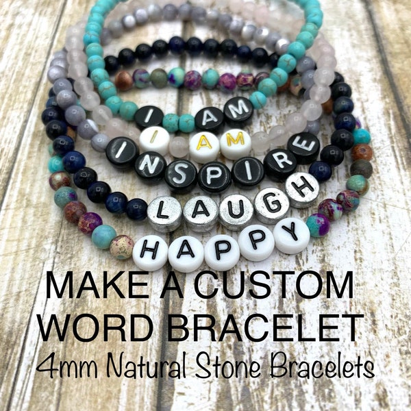 Word Bracelet, Natural Stone Personalized Word Bracelet,  Custom Affirmation Bracelet, Dainty 4mm Stone Bead Custom Word Bracelet, Gift Idea