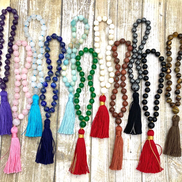 27ct Pocket Meditation Mala with Cotton Tassel, Natural Stone Travel Mala, Mini Travel Prayer Beads, Yoga Gift Idea