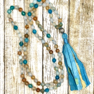 108ct Blue Agate Meditation Mala with Sari Silk Tassel, Intention beads, Mantra Beads, Spiritual Prayer Beads, Mala Necklace, Calmness, Gift
