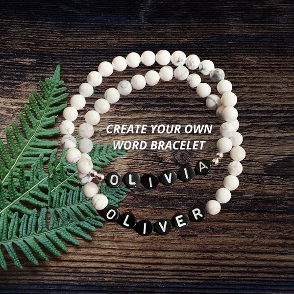 Custom Word Bracelet, Personalized Word Bracelet, 6mm Natural GemStones Custom Word Stretch Bracelet, Gift for Him or Her, Make your own