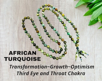African Turquoise Mala Necklace: 108ct Meditation Prayer Beads