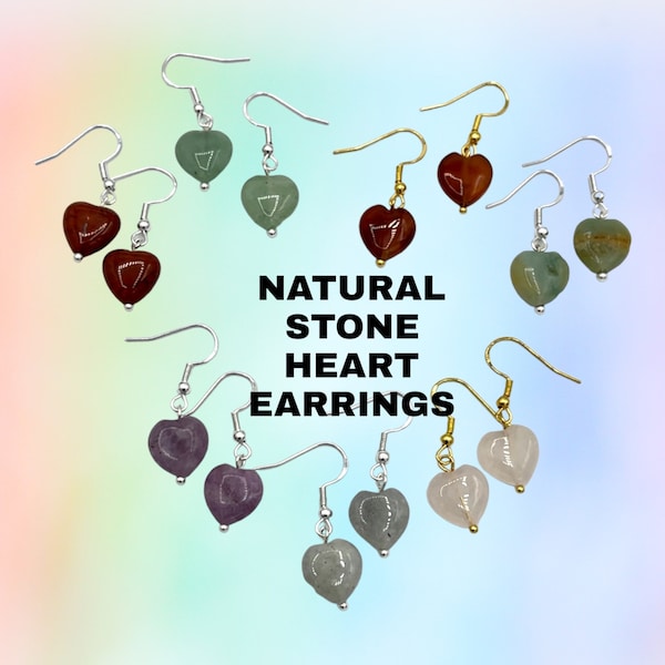 Natural Stone Heart Shaped Earrings, Hypoallergenic, .925 Sterling Silver Wire, Chakra Balancing Stones, Small Stone Heart Dangle Earrings