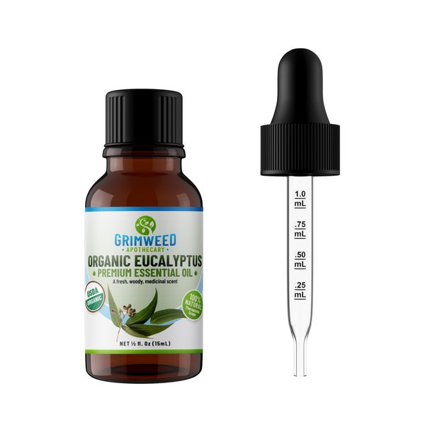 Organic Eucalyptus Essential Oil - 15mL - Pure Therapeutic Grade - 100% All Natural - Great For Aromatherapy - With Glass Dropper