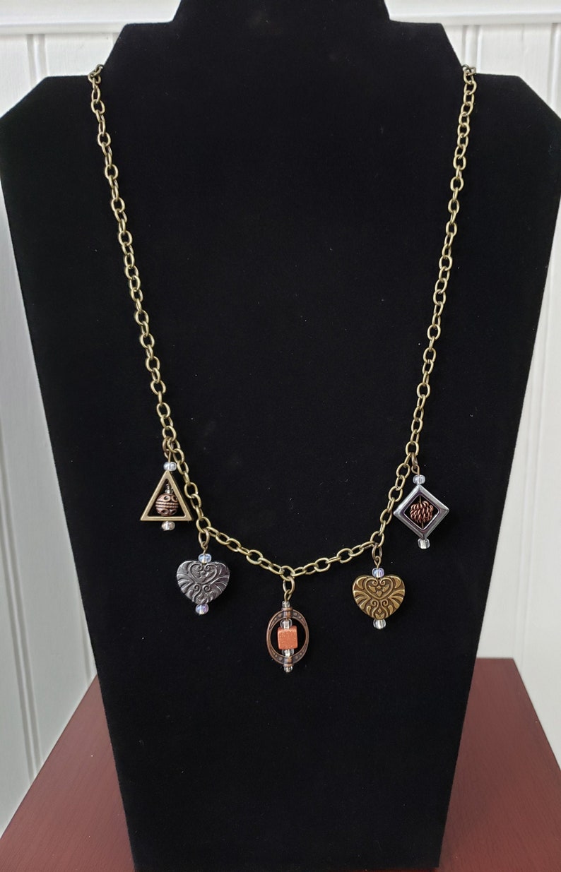 Copper Pewter /& Brass Charm Necklace