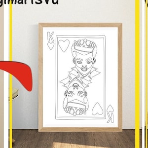 King Cards Drawn Printable Paint Canvas, Afro svg, King of Hearts, Card Suits, Coloring Page, Paint Party, Adult Printable Coloring Page