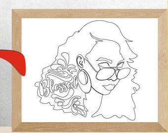 Blessed Adult Printable Coloring Page, Pre Drawn Canvas DIY Printable Paint Canvas, Afro svg, Coloring Page, Paint With A Twist, Paint Party
