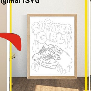 Sneakers Girl Coloring Pages, Printable Paint Canvas, Black Woman Hands svg, Dripping svg, Sneaker, Paint With A Twist, Erwachsene Malseite