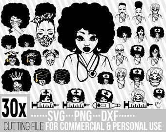 30x Black Woman Bundle svg, Healthcare svg, Hero svg, Nurse Woman svg, Mask, File for Cricut, Vector, Silhouette, women in scrubs, Cuttable