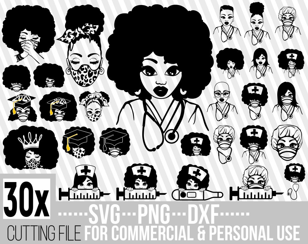 Download 30x Black Woman Bundle Svg Healthcare Svg Hero Svg Nurse Woman Svg Mask File For Cricut Vector Silhouette Women In Scrubs Cuttable