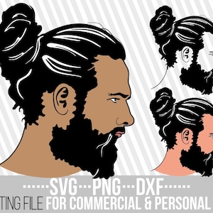 Homem de barba com coque de cabelo svg, barba hipster svg, rosto de homem, barba svg, bigode, arquivo para cricut, silhueta, download instantâneo, cortável