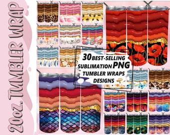 May include: 30 best-selling sublimation PNG tumbler wraps designs. The designs feature a variety of patterns, including floral, animal print, and abstract designs. The tumblers are all 20oz and are perfect for sublimation.