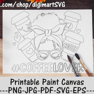 Afro Messy Bun Coffee Lover Disegni da colorare, MessyBun Png, Amante del caffè SVG, Tela di vernice stampabile, Pagina da colorare per adulti, Dipingi con un tocco