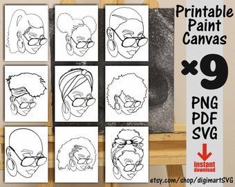 9x Woman Coloring Pages Bundle, Afro svg, Melanin, Paint With A Twist, Paint Party, Adult Printable Coloring Page, Paint & Sip, Digi Stamps