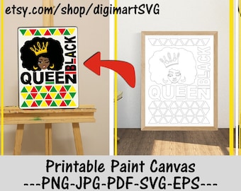 Black Queen Png, Coloring Pages, Printable Paint Canvas, Paint Party, Adult Printable Coloring Page, Instant download, Paint With A Twist