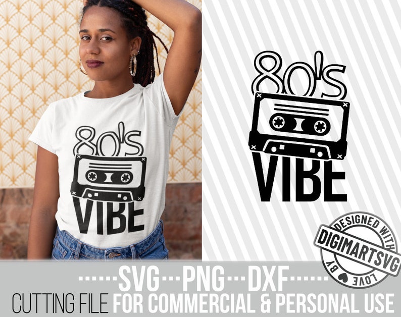 May include: A black and white design of a cassette tape with the text "80's Vibe" on a white t-shirt. The design is also available as a separate digital download.