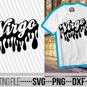 May include: A black and white graphic design of the word "Virgo" with dripping paint effects. The design is on a white t-shirt.