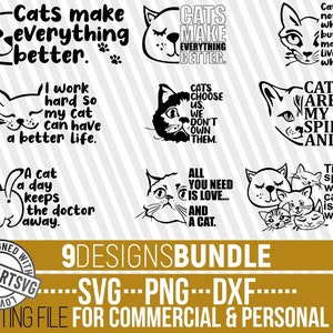 9x Cat Quotes svg Bundle, Cat Lover svg, Cat Face svg, Kitten svg, Cartoon Cat, Cat Mom svg, Cut Cat svg, File for Cricut, Instant download
