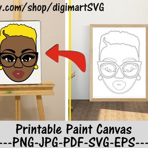 Tela di vernice stampabile donna, Afro png, Disegni da colorare, Dipingi con un tocco, Paint Party, Pagina da colorare per adulti, Paint & Sip, Svg, Occhiali svg